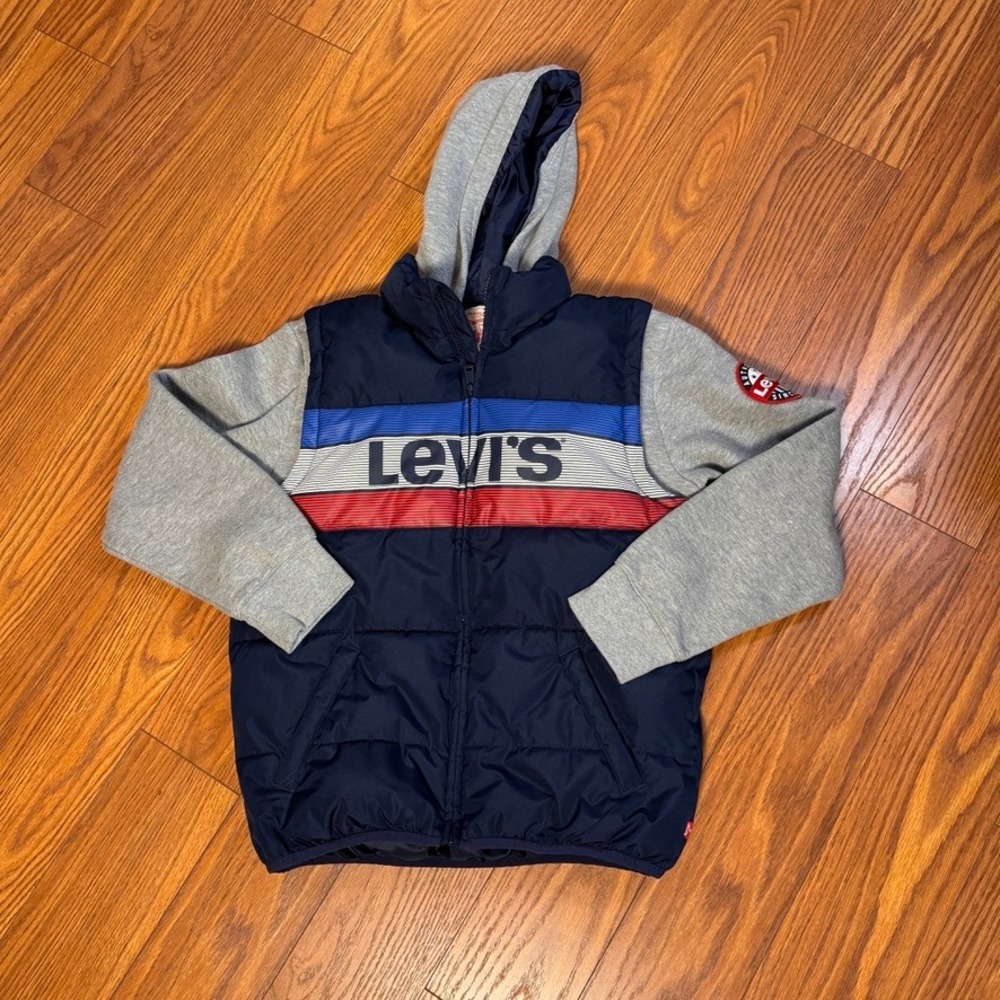Levis Boys Puffer Jacket Navy Blue Gray Hooded Mixed Media Size L 12-13 YRS